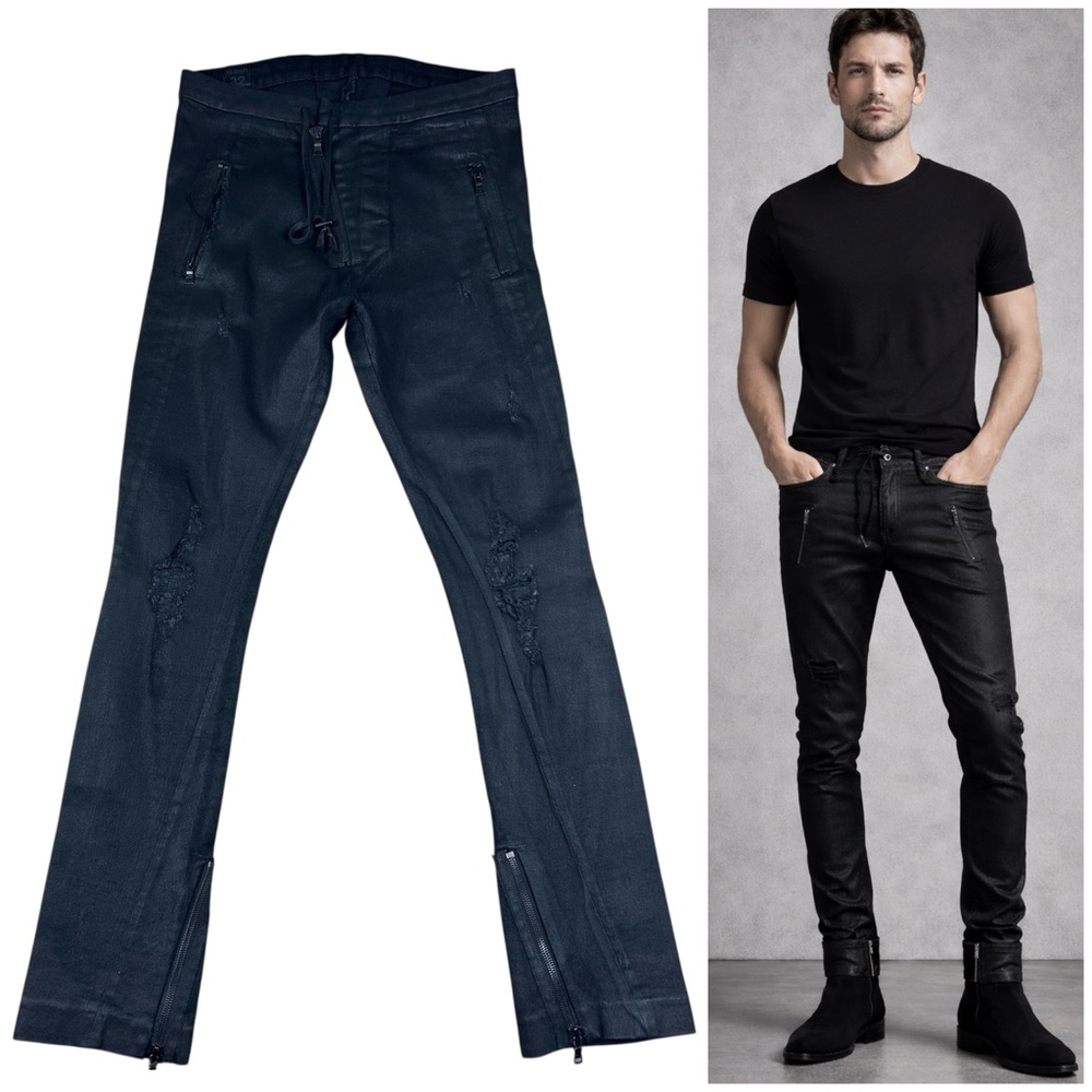 Hudson Jeans Mens 32x33 Black Coated Moto Skinny Distressed Zip Hem Made USA